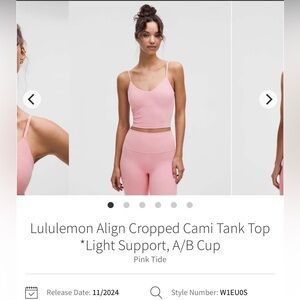 Lululemon Align Cropped Cami Tank Top *Light Support, A/B Cup Pink Tide